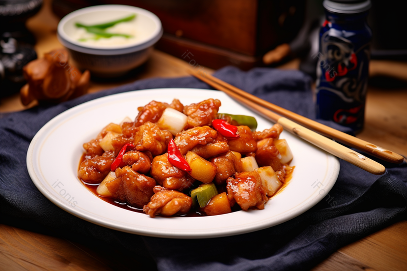 一份美味的糖醋香辣鸡肉块摆放在桌子上,高清,摄影图,摄影图片,图片大全,摄影图免费下载